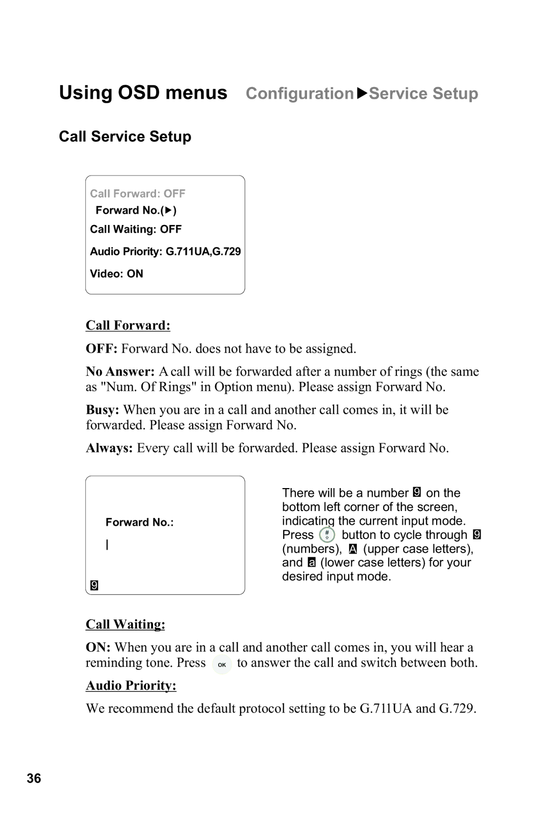 Lead Data BVP 8882 SIP manual Using OSD menus Configuration Service Setup, Call Service Setup, Call Forward, Call Waiting 