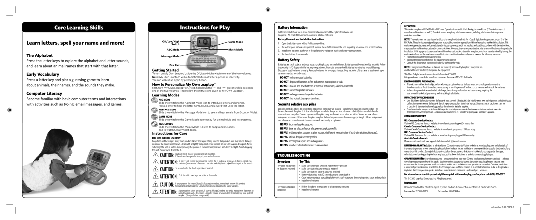 LeapFrog 19150 Getting Started, How to Personalize My Own Leaptop, Learning Modes, Instructions for Care, Battery Safety 