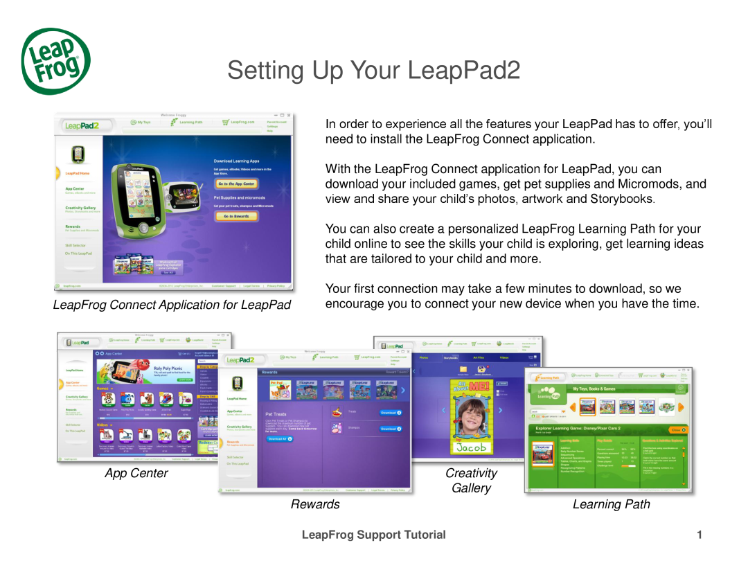 LeapFrog 32610 manual Setting Up Your LeapPad2, LeapFrog Connect Application for LeapPad, App Center, Creativity, Rewards 