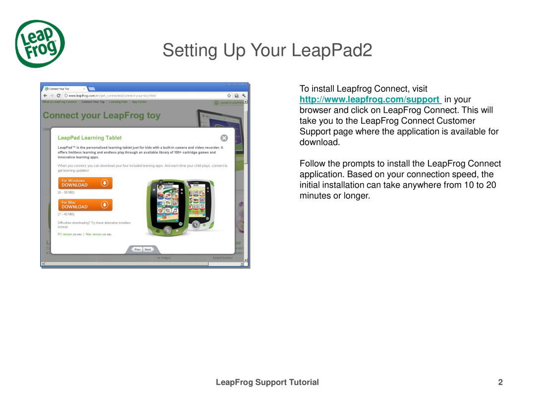 LeapFrog 32610 manual Setting Up Your LeapPad2, To install Leapfrog Connect, visit 
