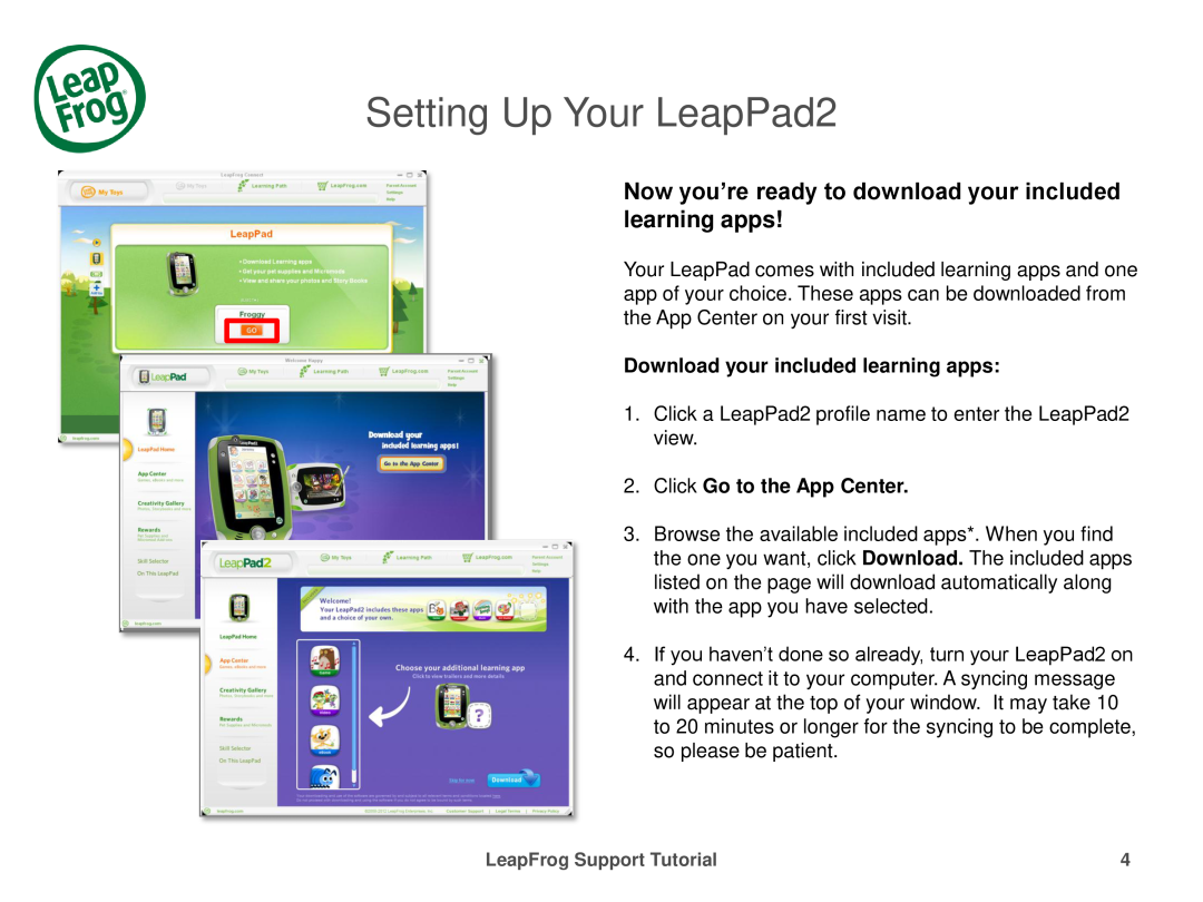 LeapFrog 32610 manual Download your included learning apps, Click Go to the App Center, Setting Up Your LeapPad2 