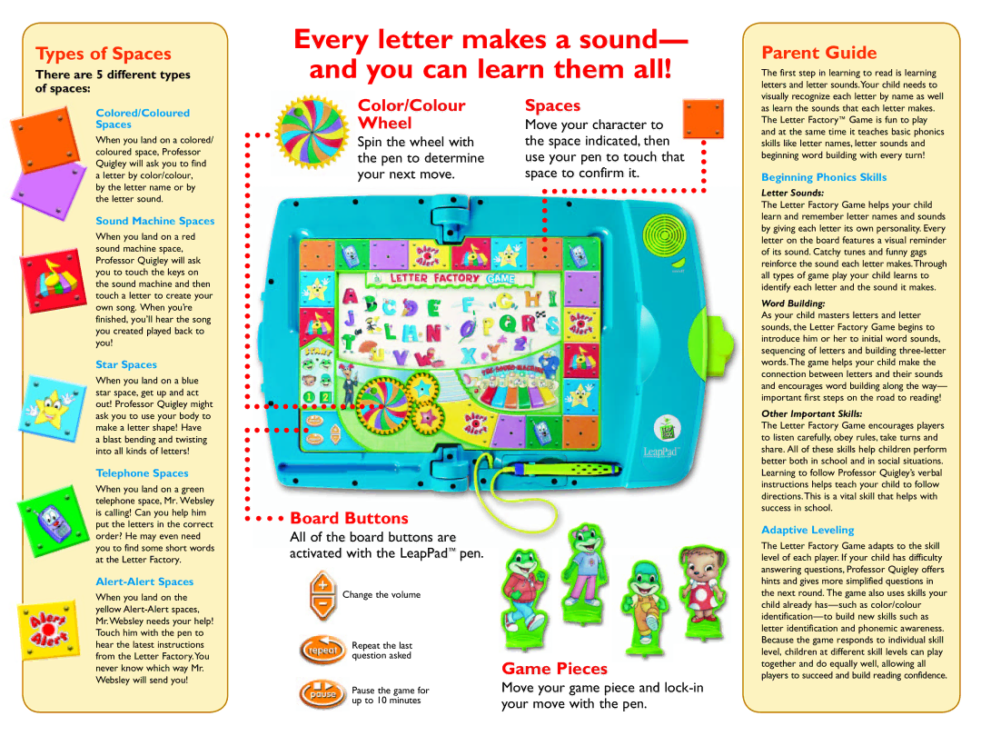 LeapFrog 605-10217-B warranty Color/Colour Wheel, Board Buttons, Spaces, Game Pieces 