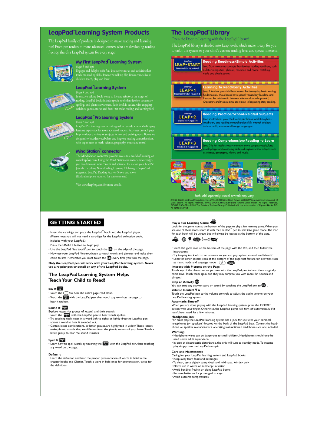 LeapFrog Baby Toy warranty Reading Readiness/Simple Activities, Learning to Read/Early Activities 