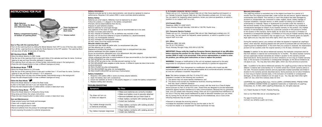 LeapFrog Drum Battery Information, Battery Safety Canada Consumer Service Contact, Warranty Information, Canada Office 