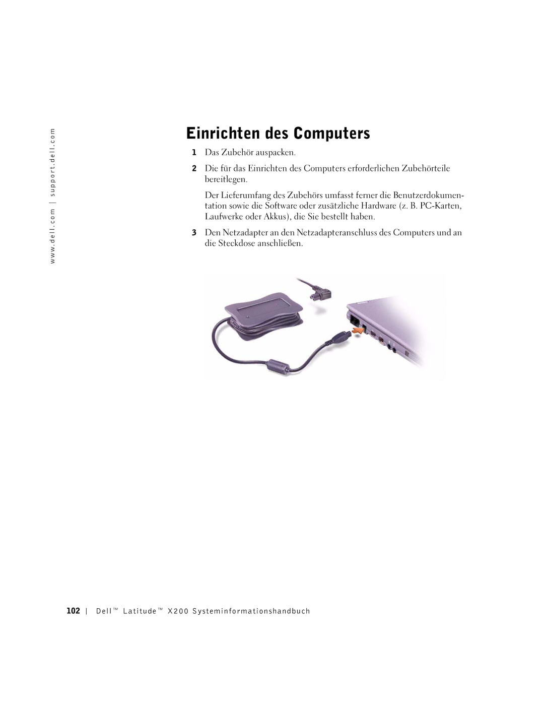 LeapFrog PP03S manual Einrichten des Computers, Dell Latitude X200 Systeminformationshandbuch 