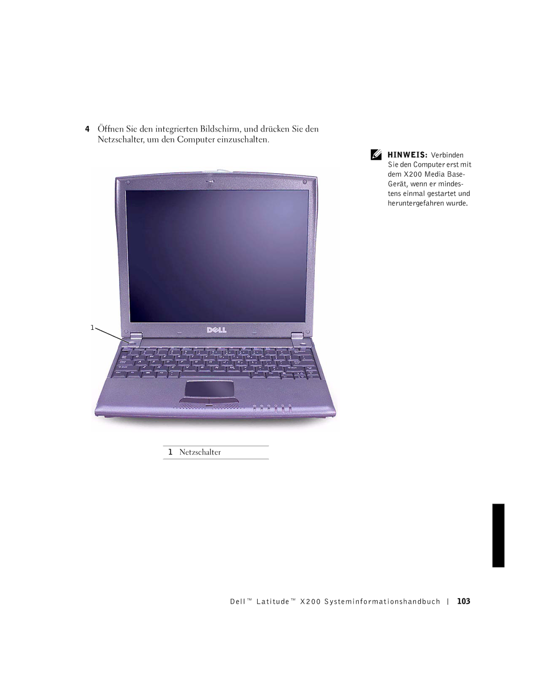 LeapFrog PP03S manual Netzschalter, Dell Latitude X200 Systeminformationshandbuch 103 