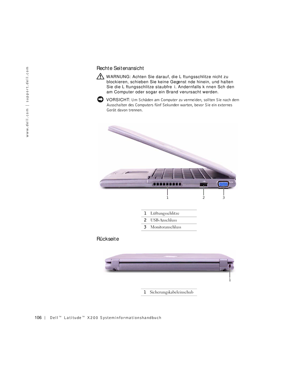 LeapFrog PP03S manual Rechte Seitenansicht, Rückseite, Dell Latitude X200 Systeminformationshandbuch 