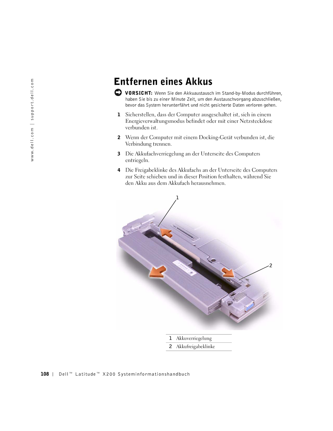 LeapFrog PP03S manual Entfernen eines Akkus, Dell Latitude X200 Systeminformationshandbuch 