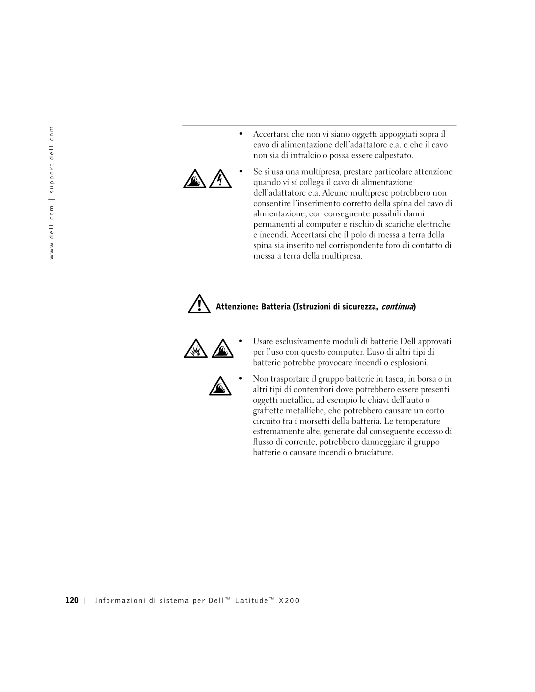 LeapFrog PP03S manual Attenzione Batteria Istruzioni di sicurezza, continua, Informazioni di sistema per Dell Latitude 