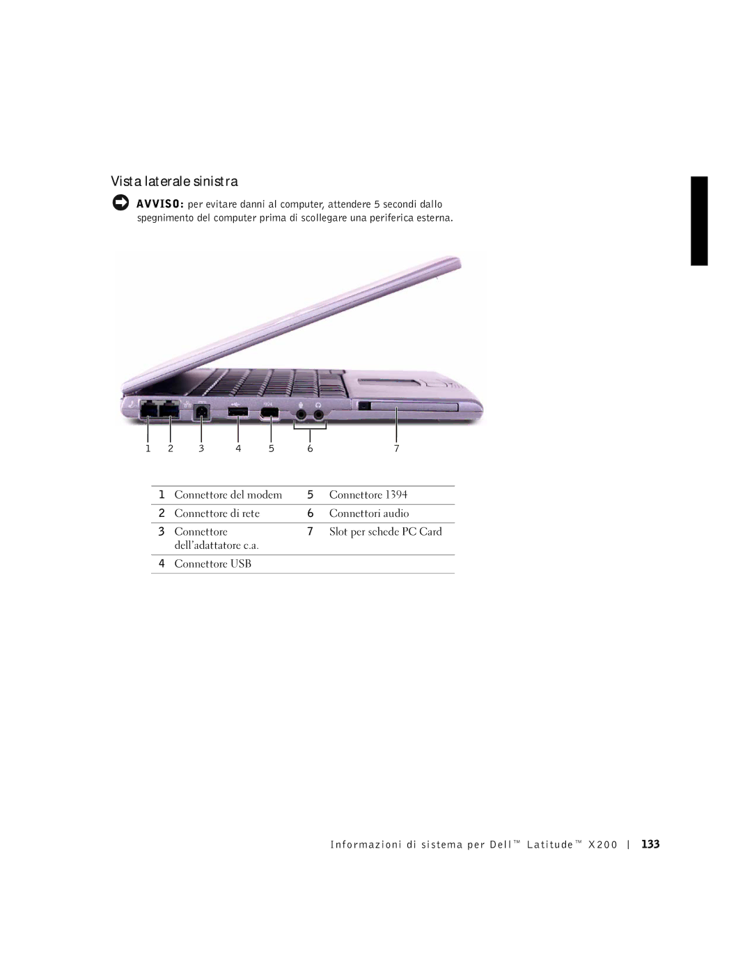 LeapFrog PP03S manual Vista laterale sinistra, Informazioni di sistema per Dell Latitude 133 