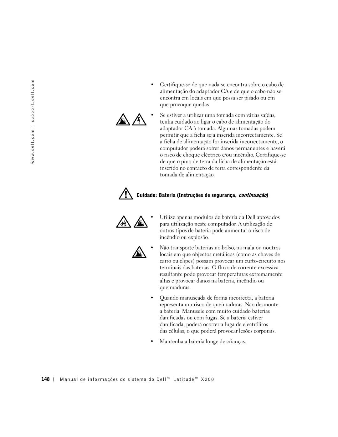 LeapFrog PP03S Cuidado Bateria Instruções de segurança, continuação, Manual de informações do sistema do Dell Latitude 