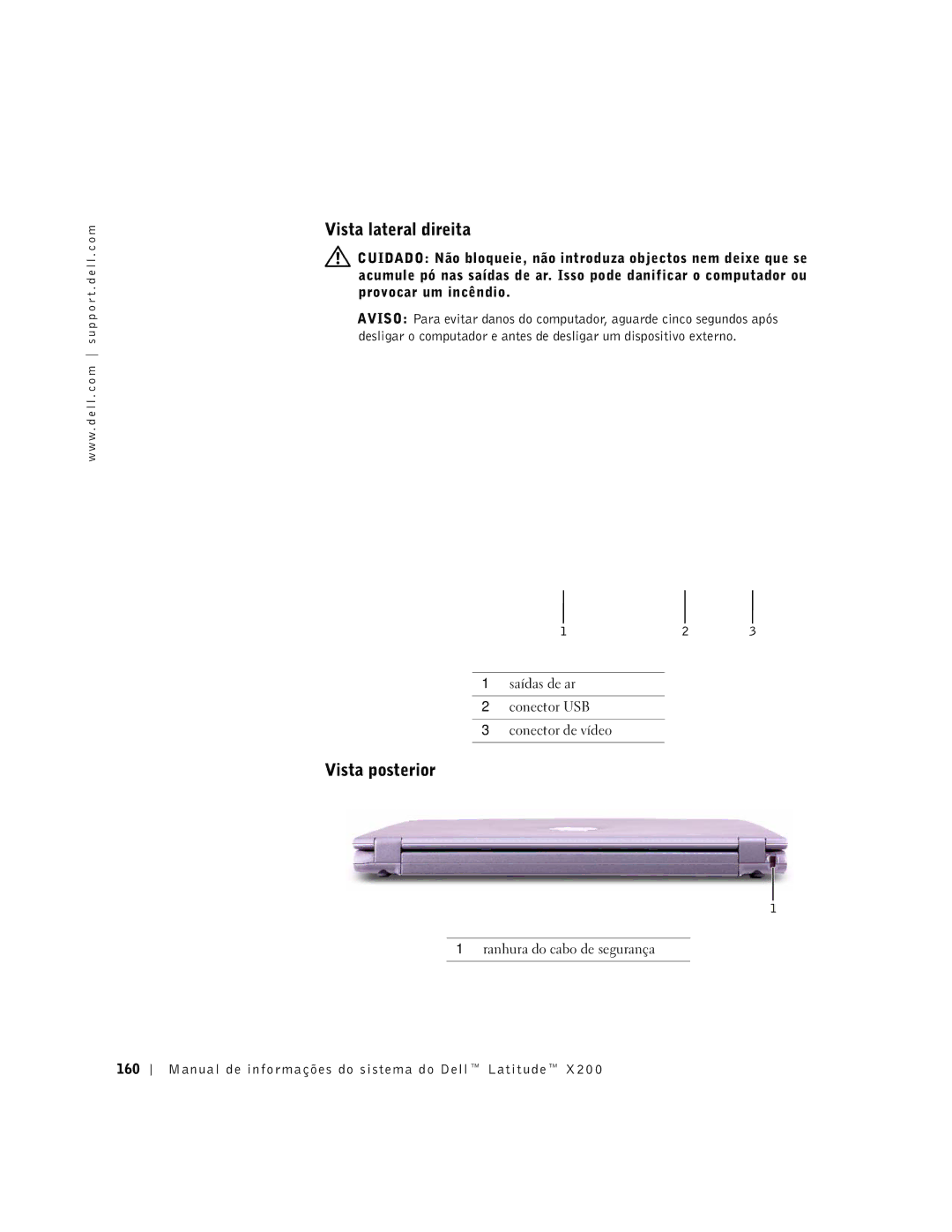 LeapFrog PP03S manual Vista lateral direita, Vista posterior, Manual de informações do sistema do Dell Latitude 