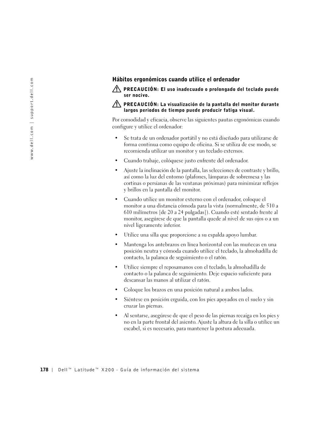 LeapFrog PP03S manual Hábitos ergonómicos cuando utilice el ordenador, Dell Latitude X200 Guía de información del sistema 