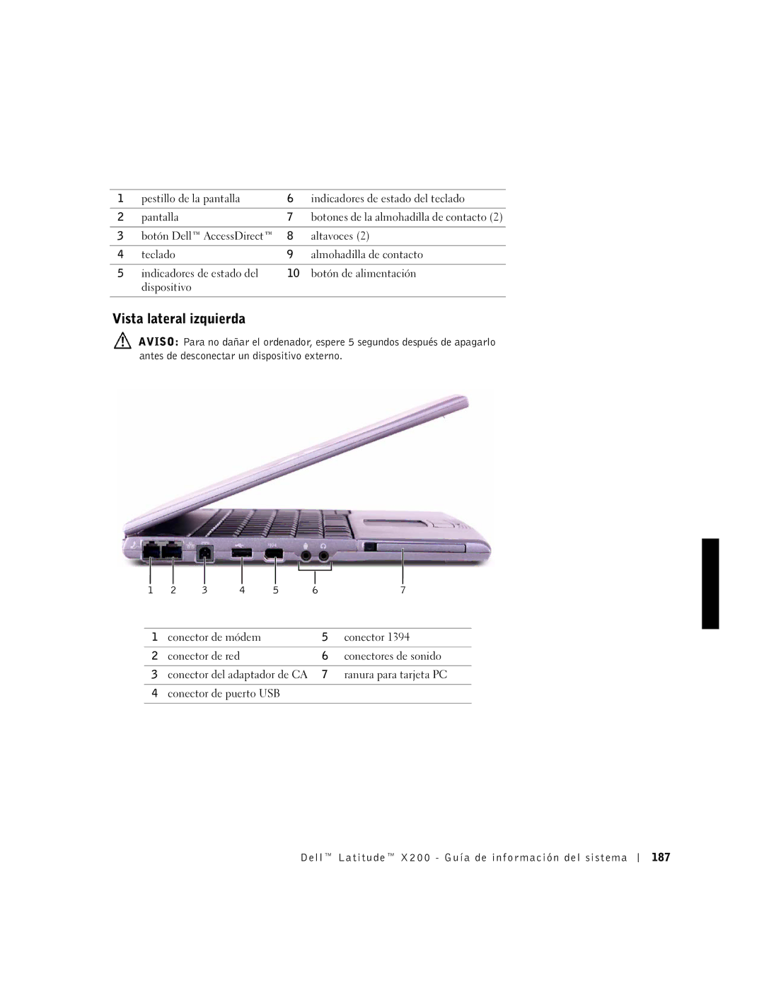 LeapFrog PP03S manual Vista lateral izquierda, Dell Latitude X200 Guía de información del sistema 187 