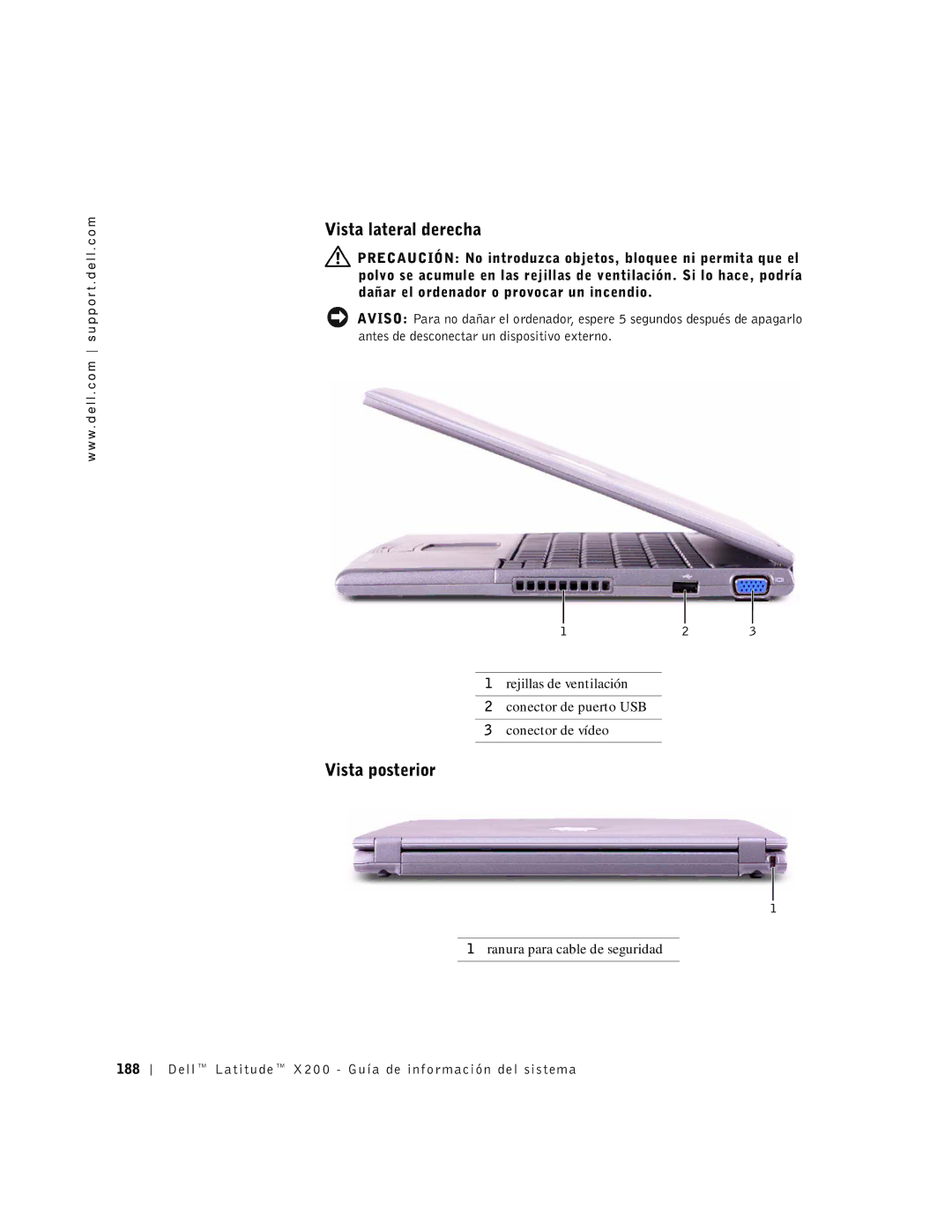 LeapFrog PP03S manual Vista lateral derecha, Dell Latitude X200 Guía de información del sistema 