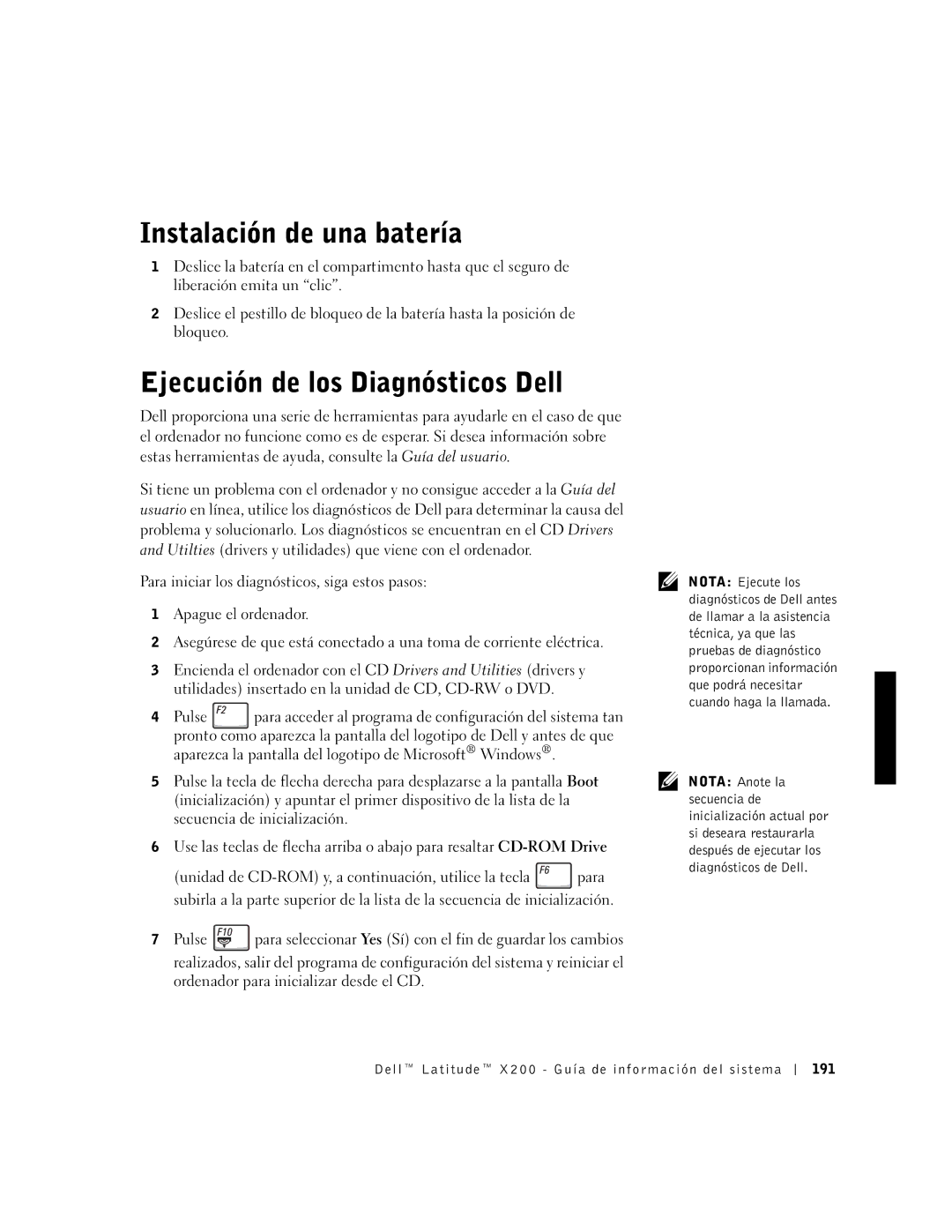 LeapFrog PP03S manual Instalación de una batería, Ejecución de los Diagnósticos Dell 