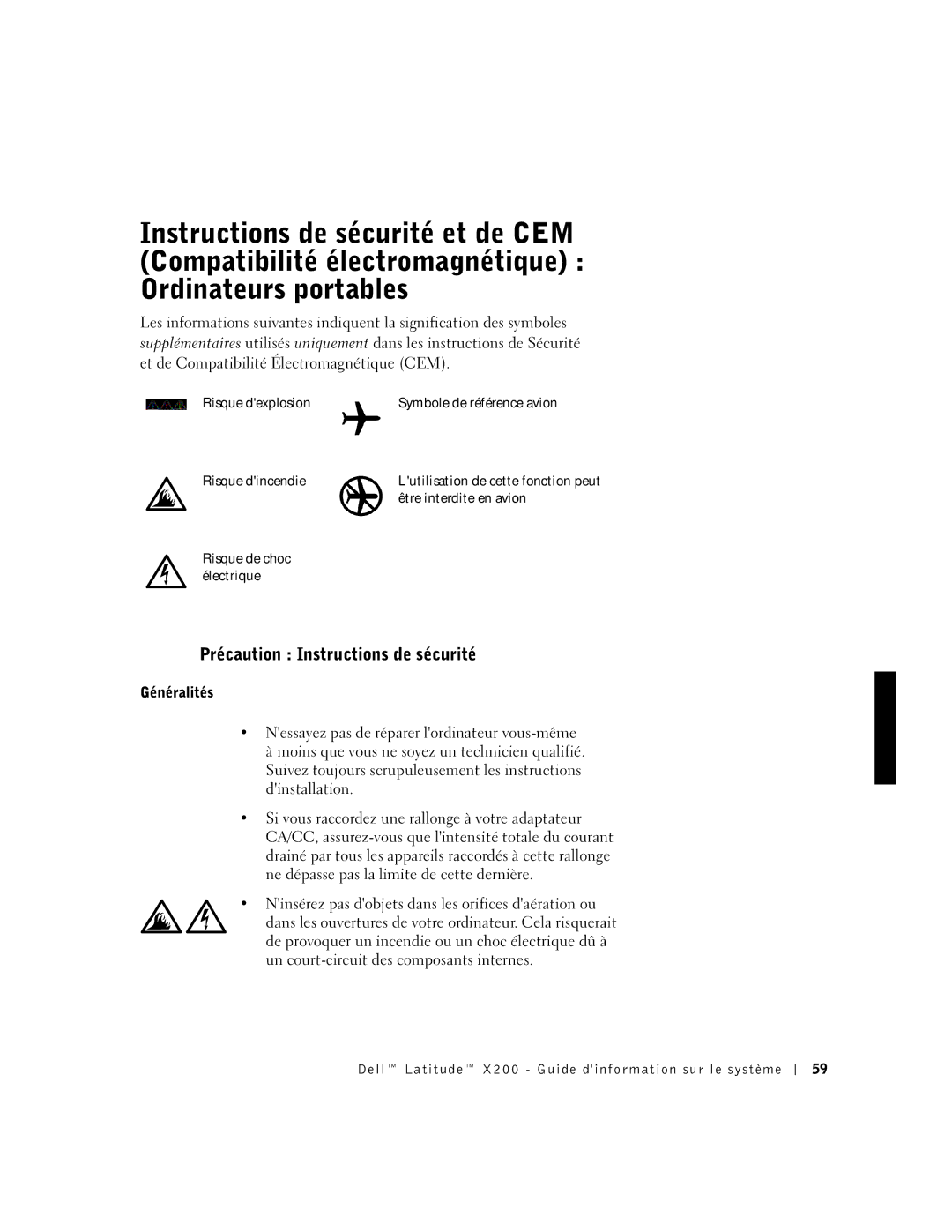 LeapFrog PP03S Précaution Instructions de sécurité, Généralités, Dell Latitude X200 Guide dinformation sur le système 