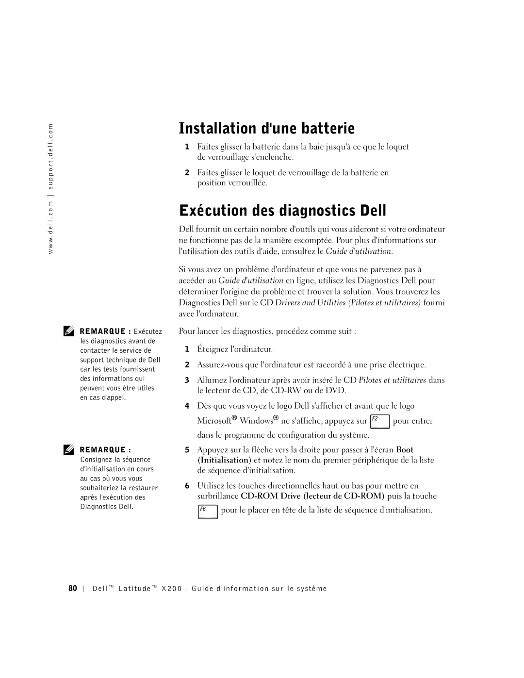 LeapFrog PP03S manual Installation dune batterie, Exécution des diagnostics Dell 