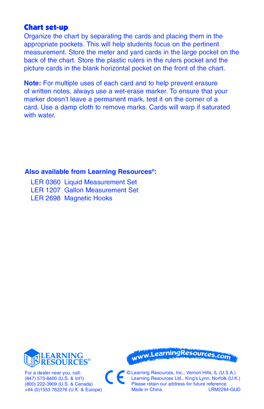 Learning Resources 2284 manual Chart set-up, Also available from Learning Resources 