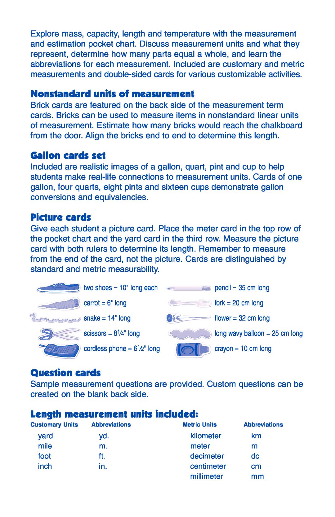 Learning Resources 2284 manual Nonstandard units of measurement, Gallon cards set, Picture cards, Question cards 