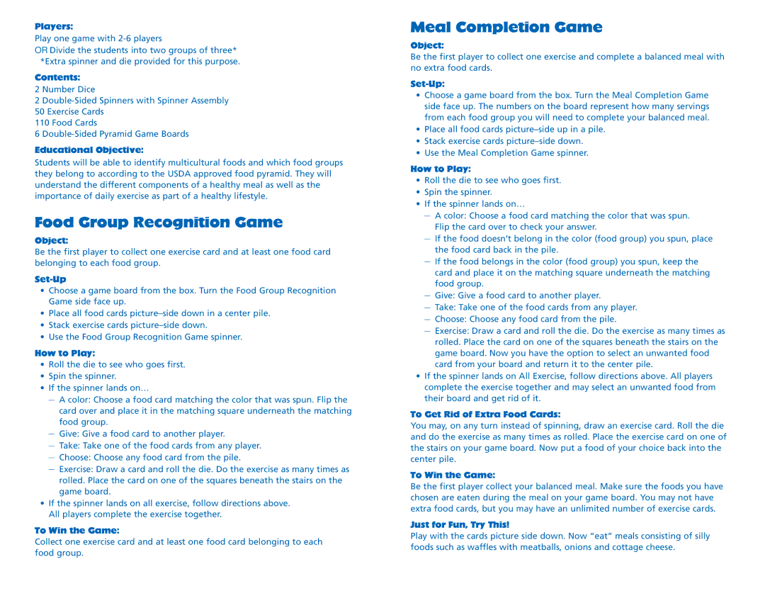 Learning Resources Brochure manual Food Group Recognition Game, Meal Completion Game 