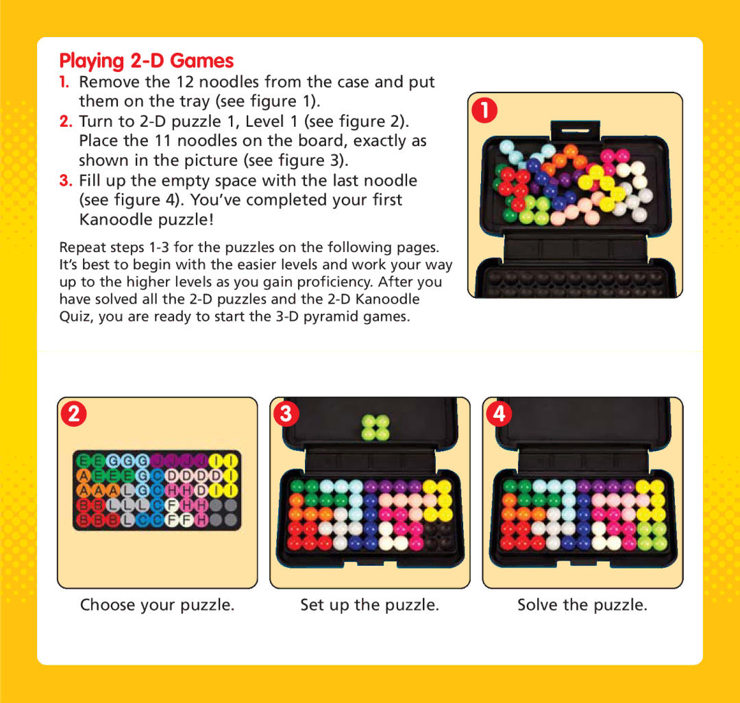 Learning Resources EI-2978 manual Playing 2-D Games, Choose your puzzle. Set up the puzzle. Solve the puzzle 