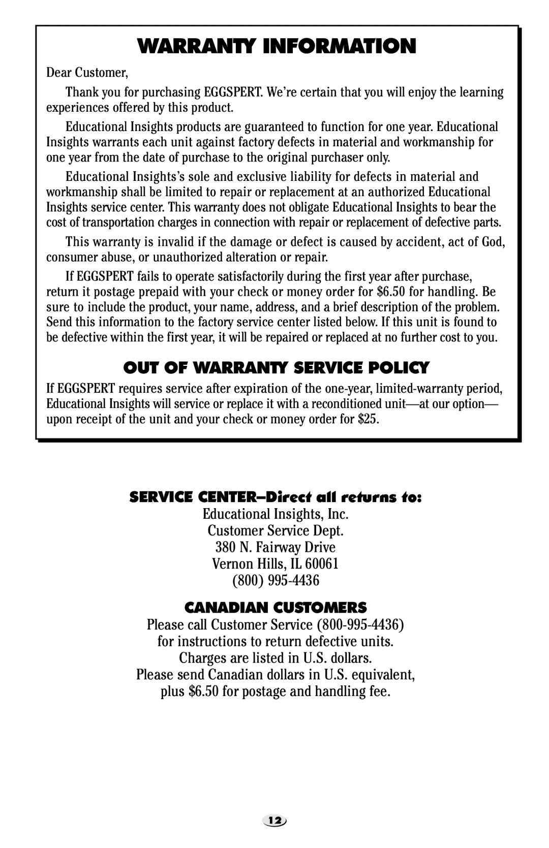 Learning Resources EI-7880 manual Warranty Information, OUT of Warranty Service Policy 