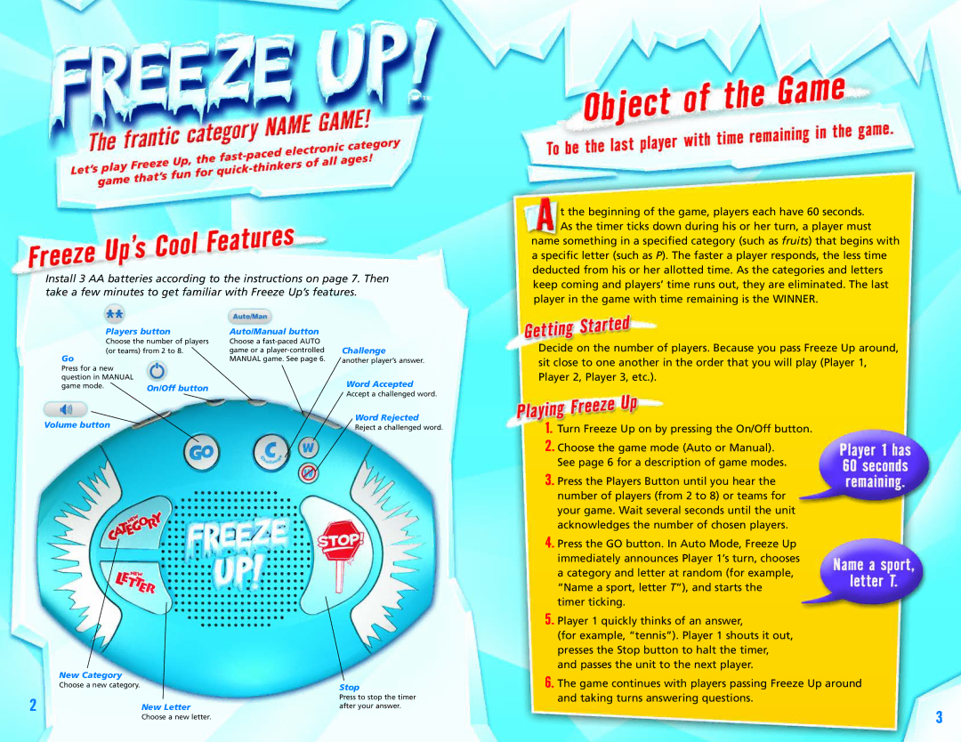 Learning Resources EI-8920 manual Game continues with players passing Freeze Up around 