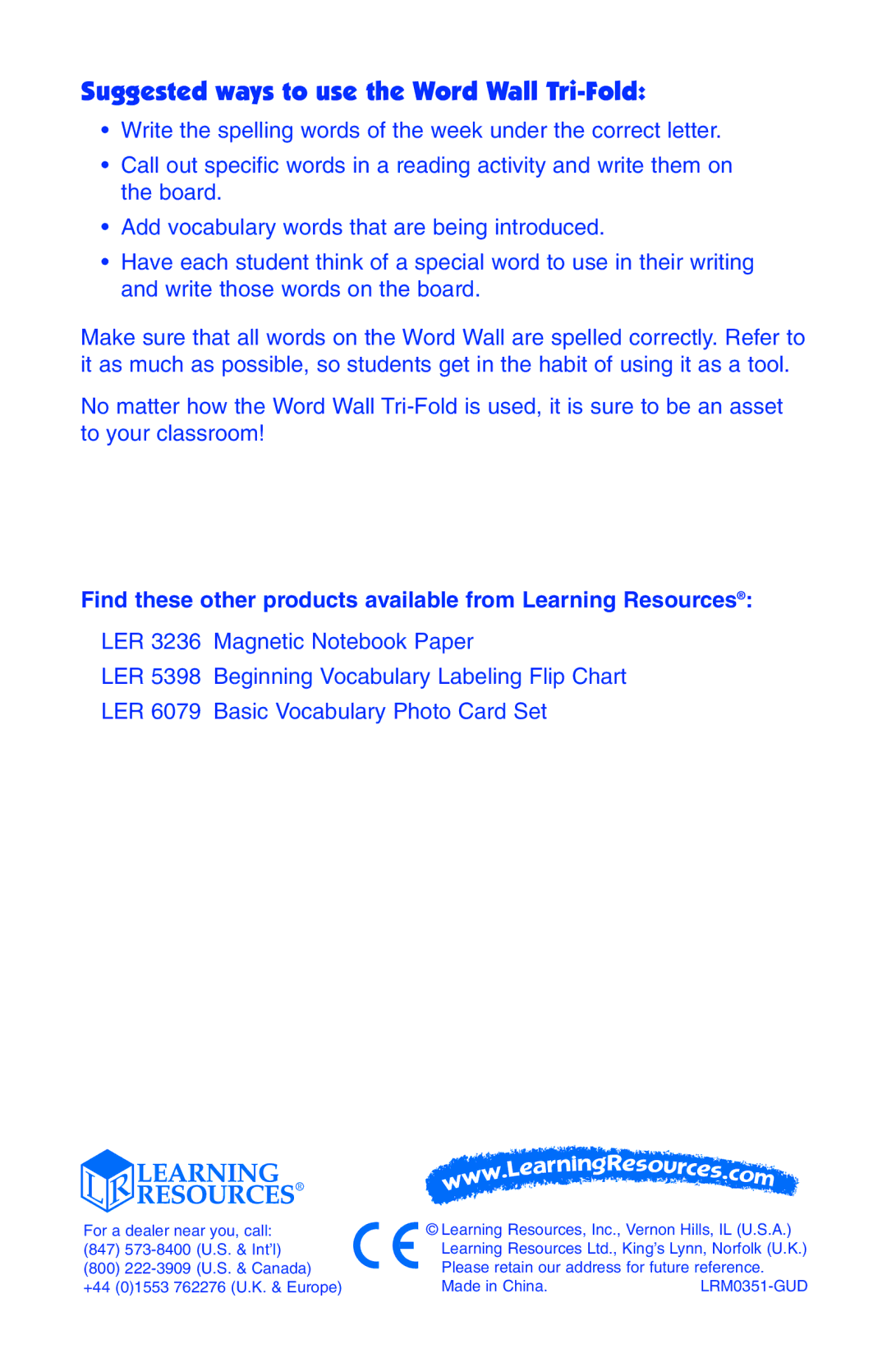 Learning Resources LER 0351 manual Suggested ways to use the Word Wall Tri-Fold 