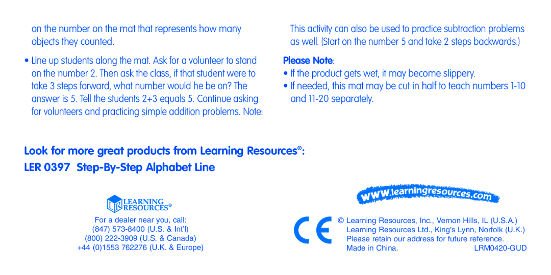 Learning Resources LER 0420 manual Please Note 