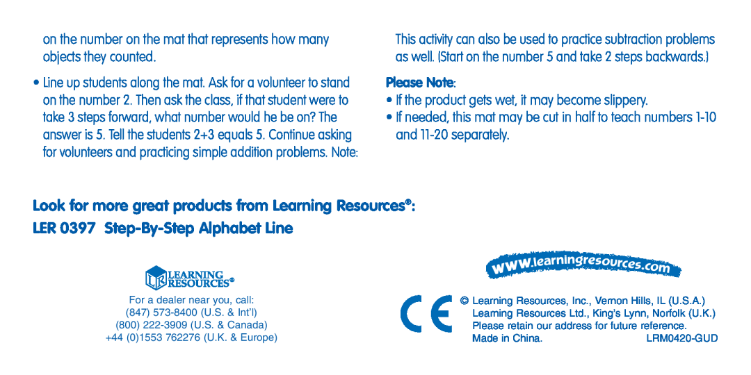 Learning Resources LER 0420 manual Please Note, If the product gets wet, it may become slippery 