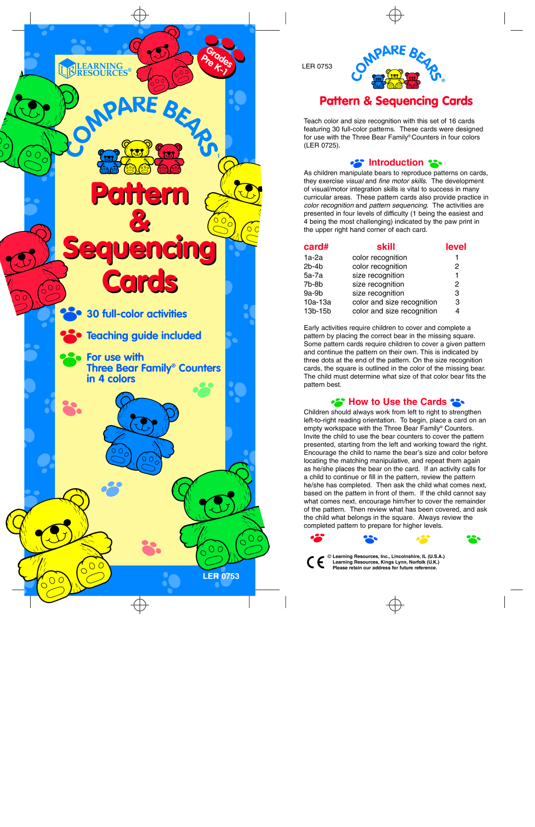 Learning Resources LER 0753 manual Pattern & Sequencing Cards, Introduction, Card# Skill, How to Use the Cards 