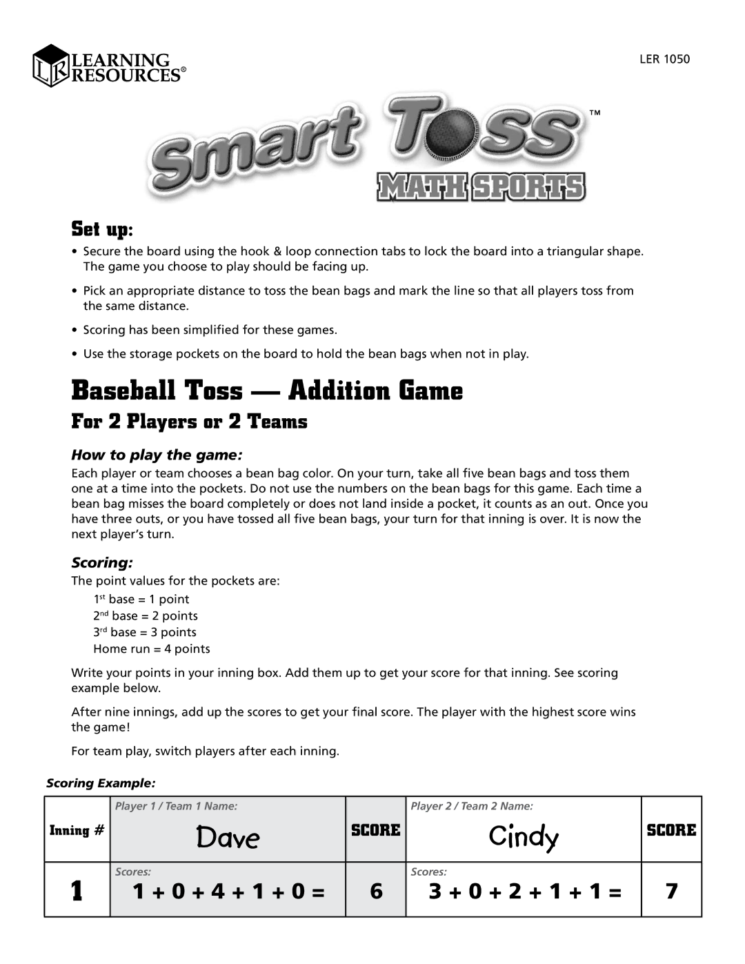 Learning Resources LER 1050 manual Baseball Toss Addition Game, How to play the game, Scoring 