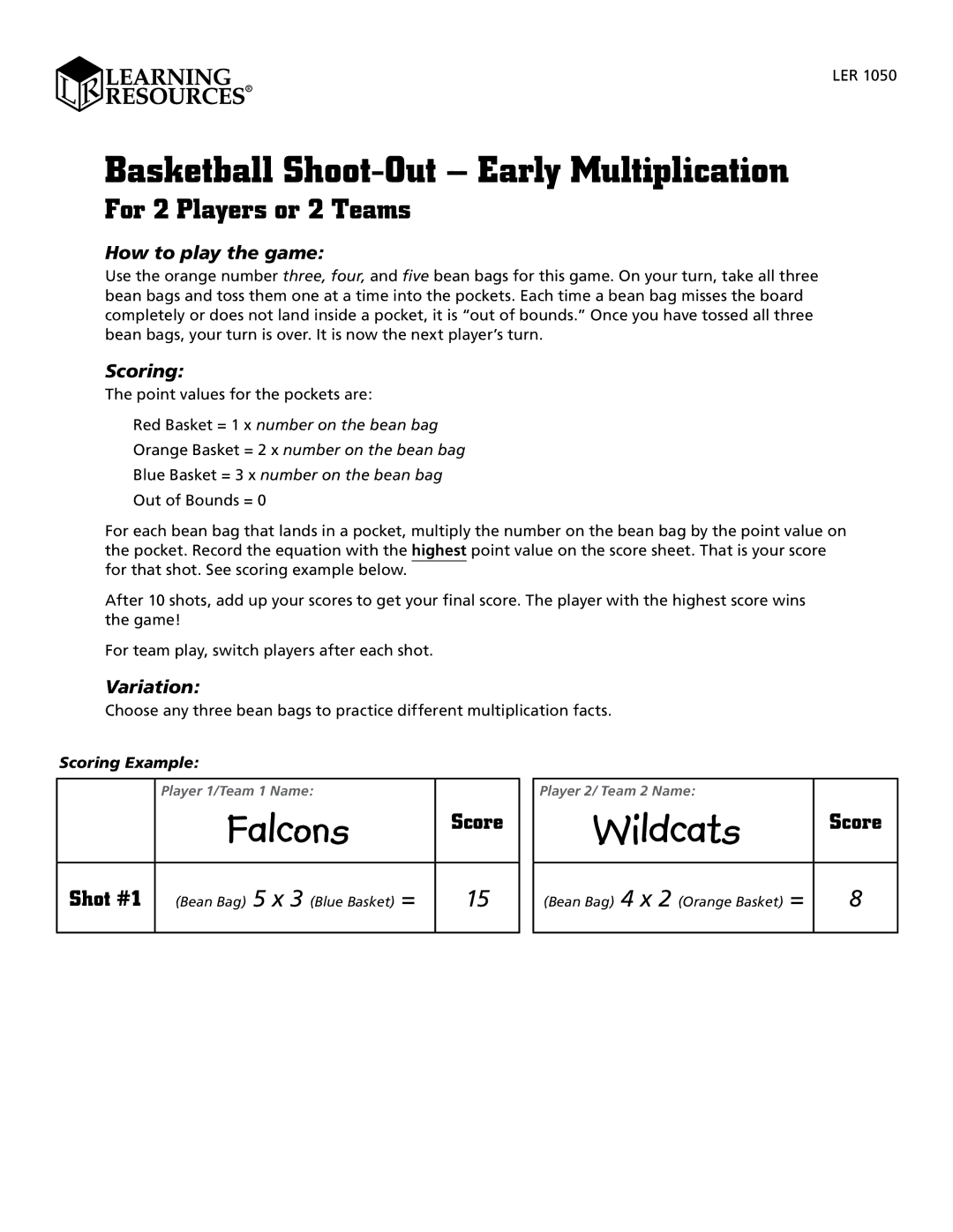 Learning Resources LER 1050 manual Basketball Shoot-Out Early Multiplication, Variation 