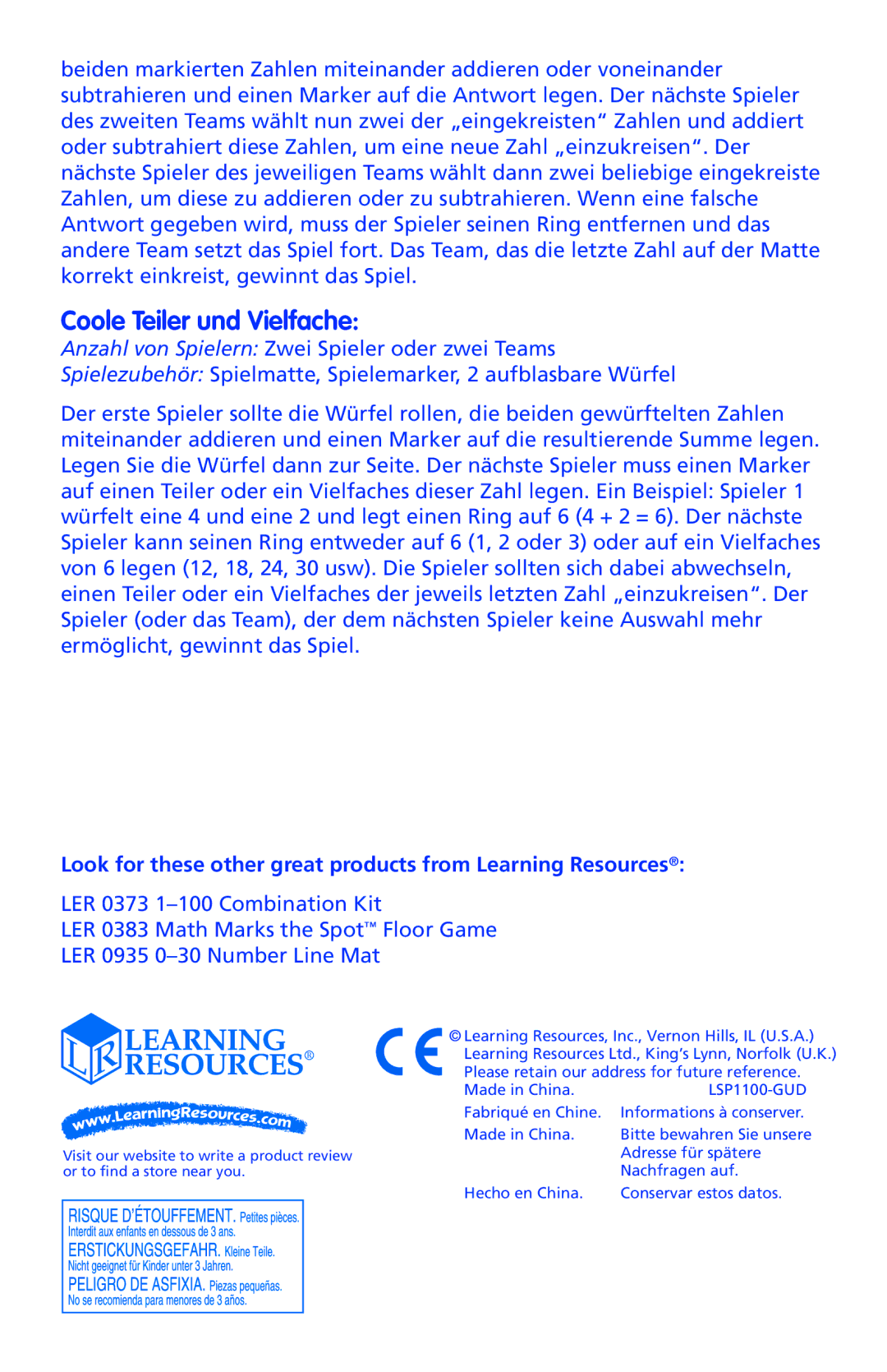 Learning Resources LER 1100 manual Coole Teiler und Vielfache, Look for these other great products from Learning Resources 