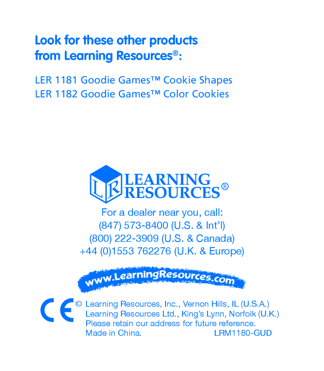 Learning Resources LER 1180 manual Look for these other products from Learning Resources 