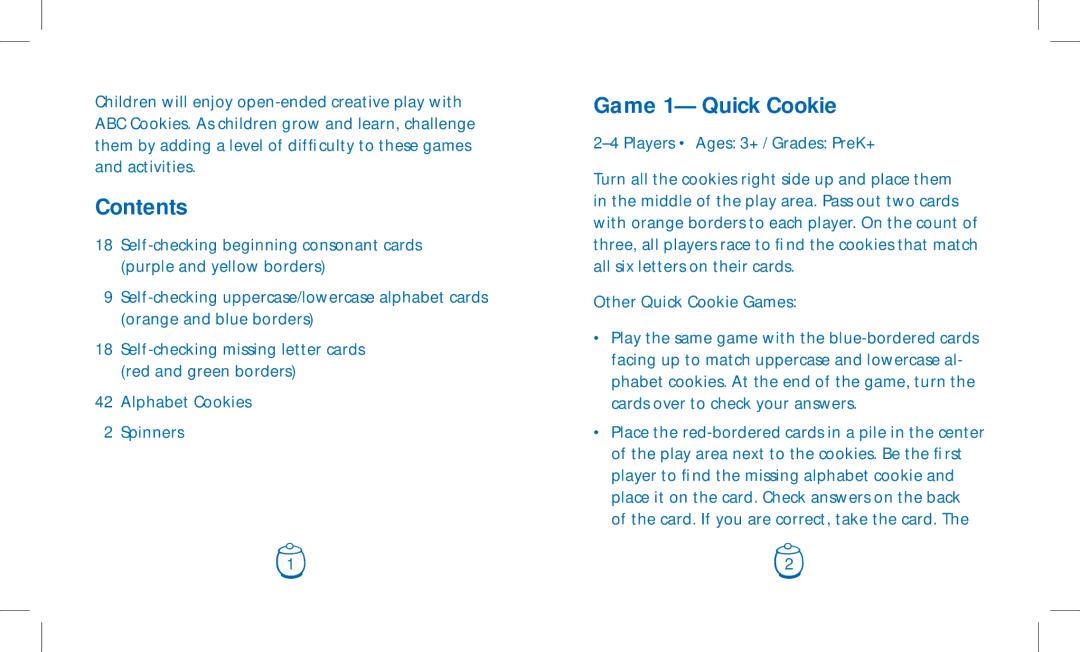 Learning Resources LER 1183 manual Contents, Game 1 Quick Cookie 