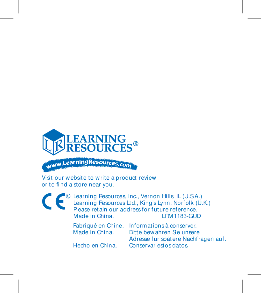 Learning Resources LER 1183 manual Hecho en China Conservar estos datos 