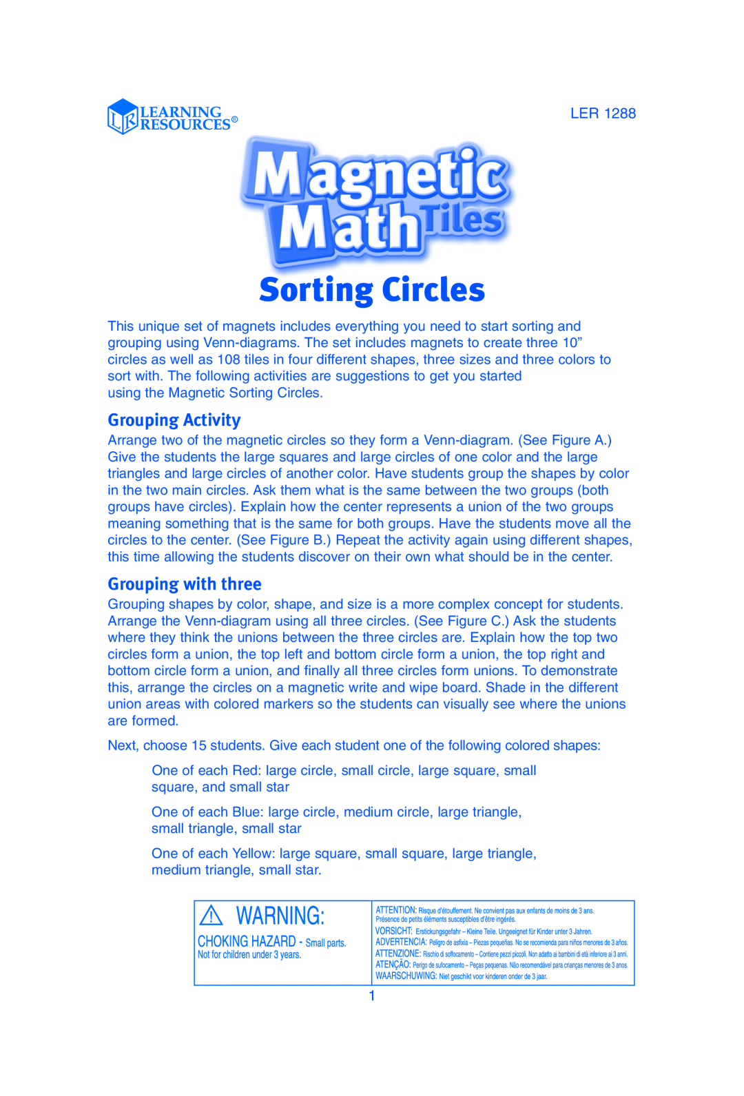 Learning Resources LER 1288 manual Grouping Activity, Grouping with three, Sorting Circles 