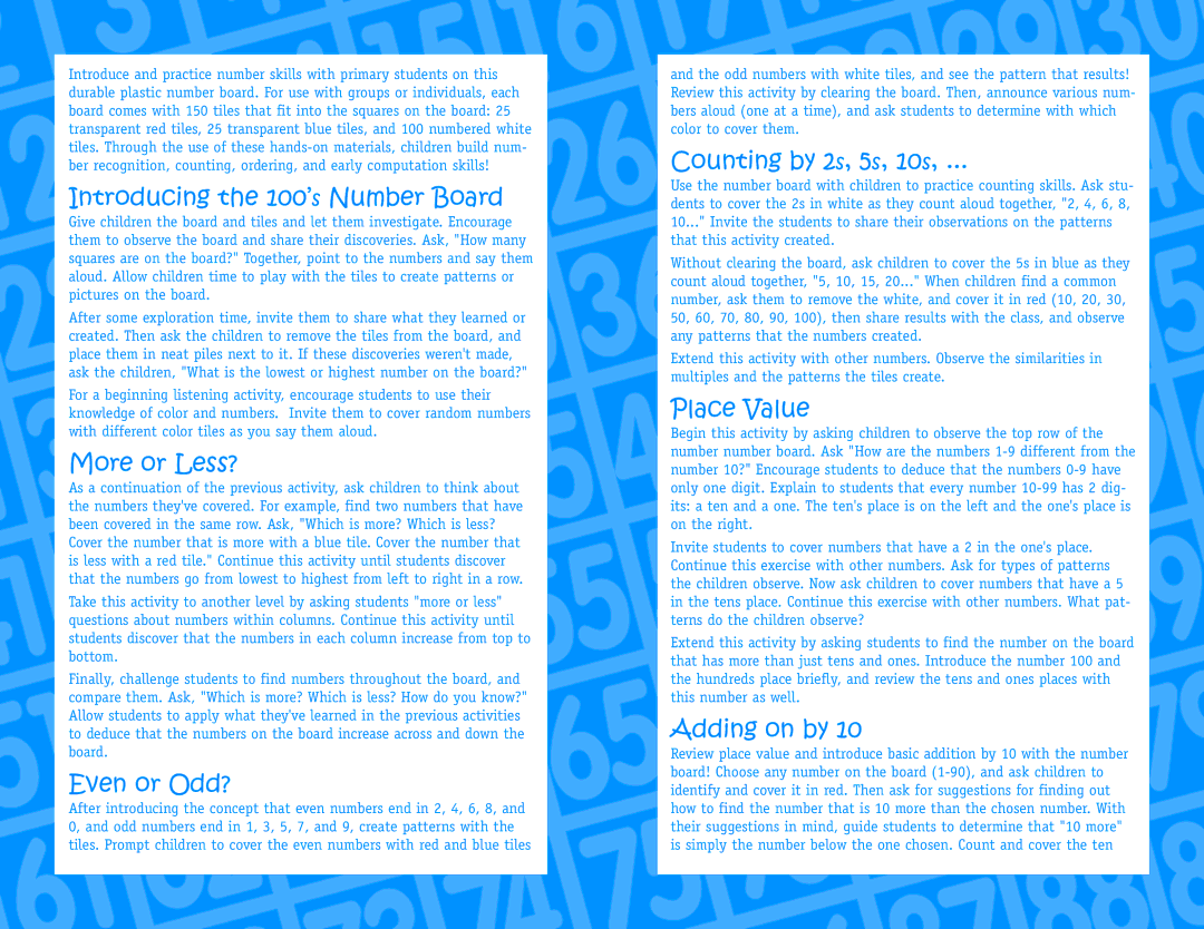 Learning Resources LER 1331 manual Introducing the 100’s Number Board, More or Less?, Even or Odd?, Counting by 2s, 5s, 10s 