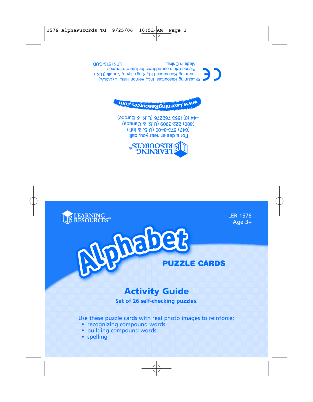 Learning Resources LER 1576 manual Activity Guide, Set of 26 self-checking puzzles, AlphaPuzCrds TG 9/25/06 1053 AM 