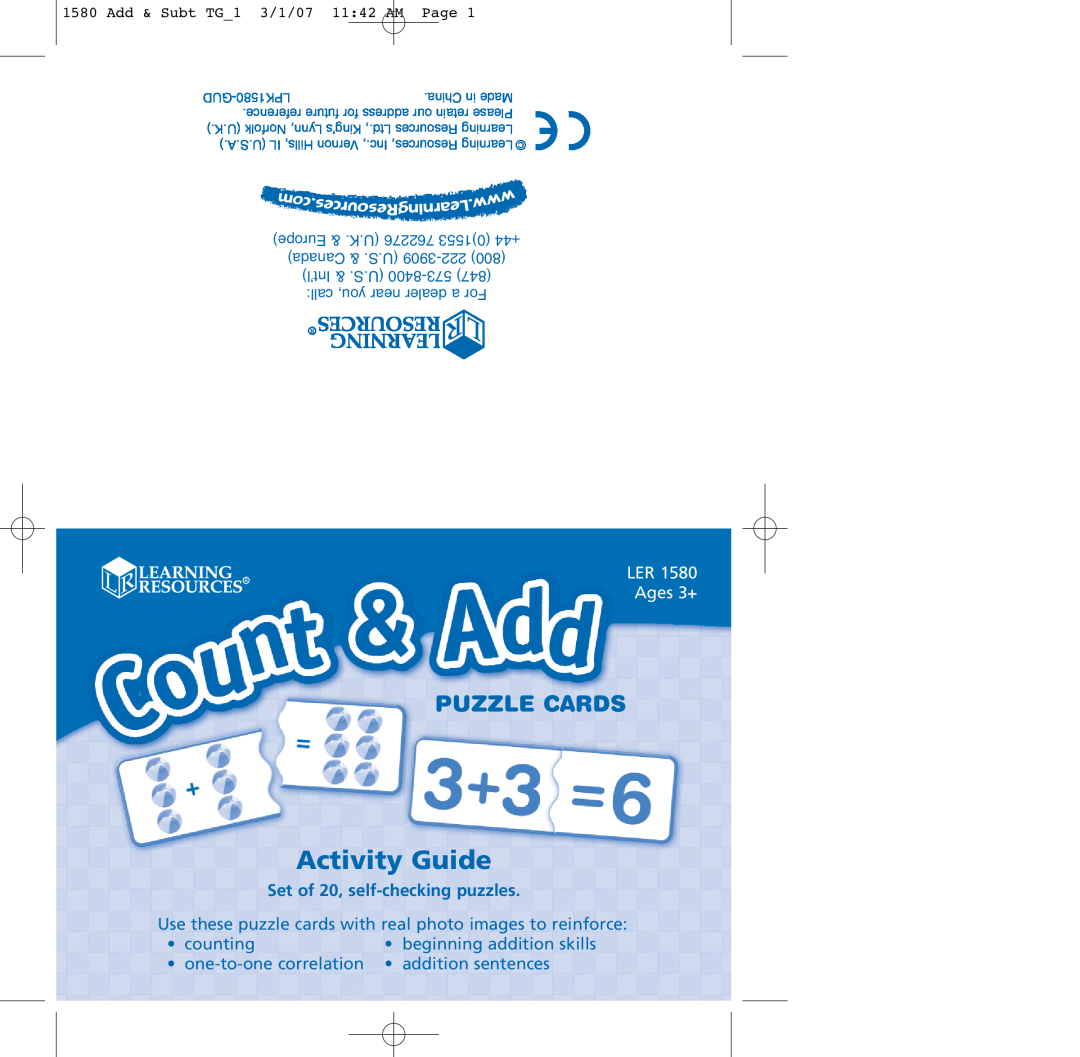 Learning Resources LER 1580 manual Add & Subt TG1 3/1/07 1142 AM Page, Activity Guide, Puzzle Cards, LER Ages 3+, counting 