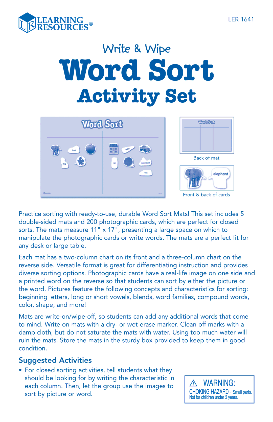 Learning Resources LER 1641 manual Word Sort, Activity Set, Suggested Activities 