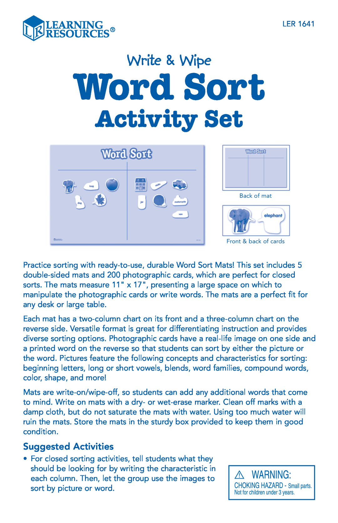 Learning Resources LER 1641 manual Suggested Activities, Word Sort, Activity Set, Write & Wipe 