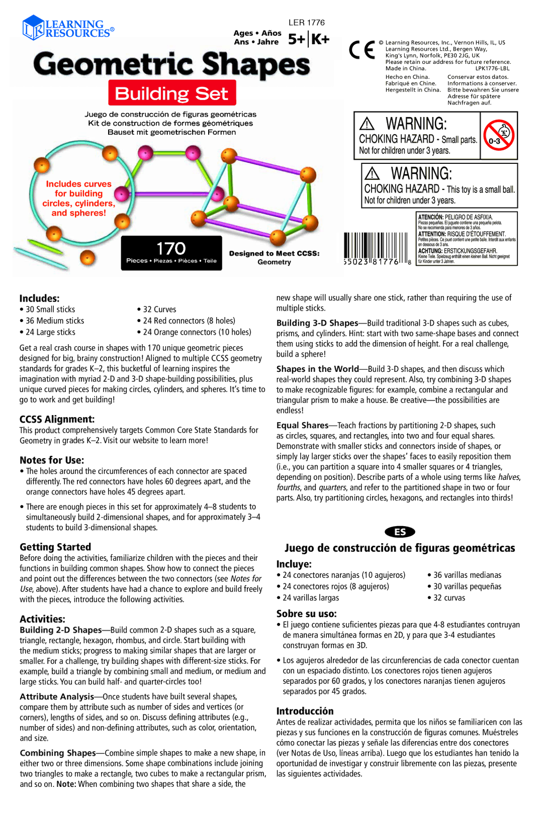 Learning Resources LER 1776 dimensions Includes, Ccss Alignment, Incluye, Sobre su uso, Introducción 