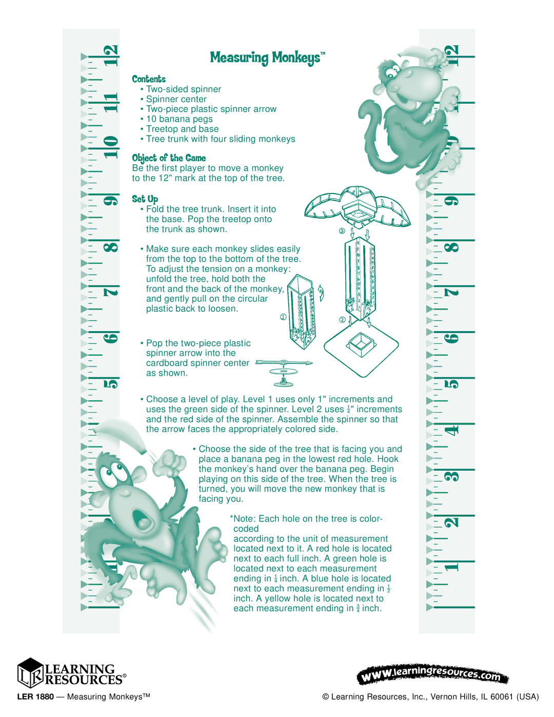 Learning Resources LER 1880 manual Measuring Monkeys, Contents, Object of the Game, Set Up 