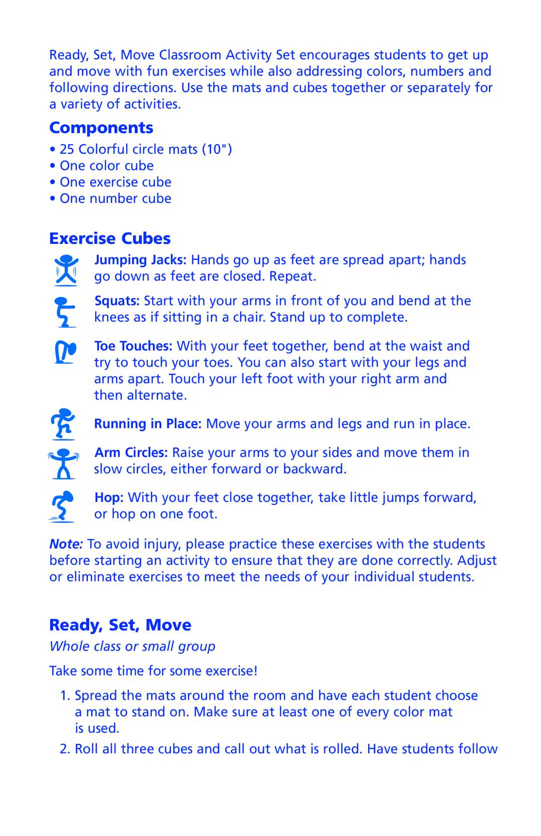 Learning Resources LER 1883 manual Components, Exercise Cubes, Ready, Set, Move 