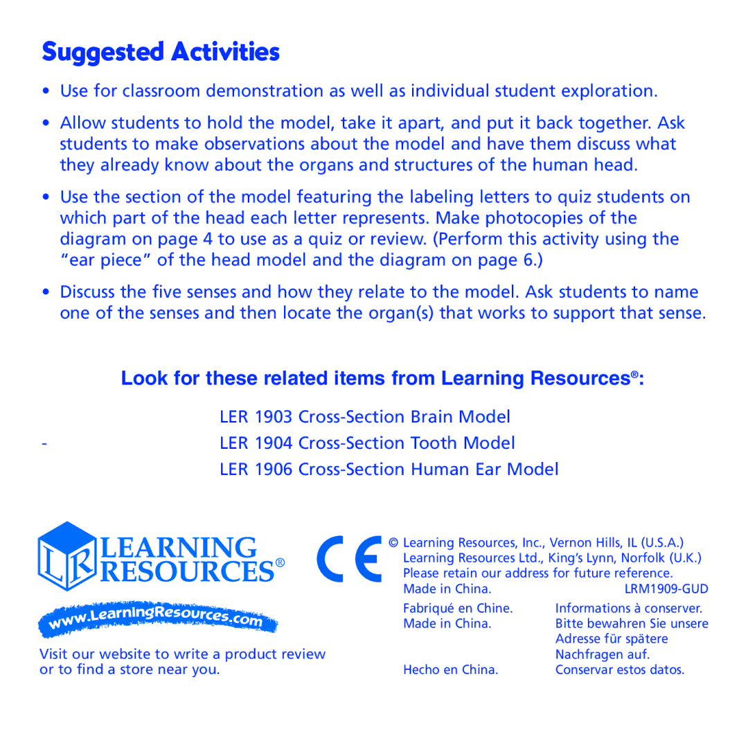 Learning Resources LER 1909 manual Suggested Activities, Look for these related items from Learning Resources 