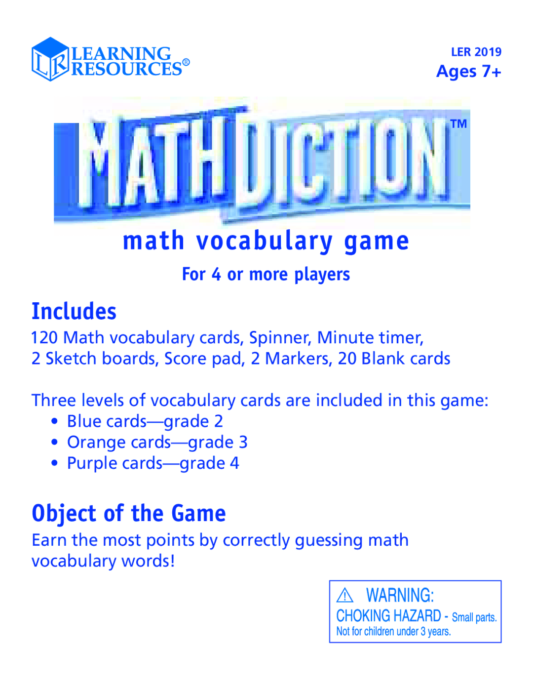 Learning Resources LER 2019 manual Includes, Object of the Game 