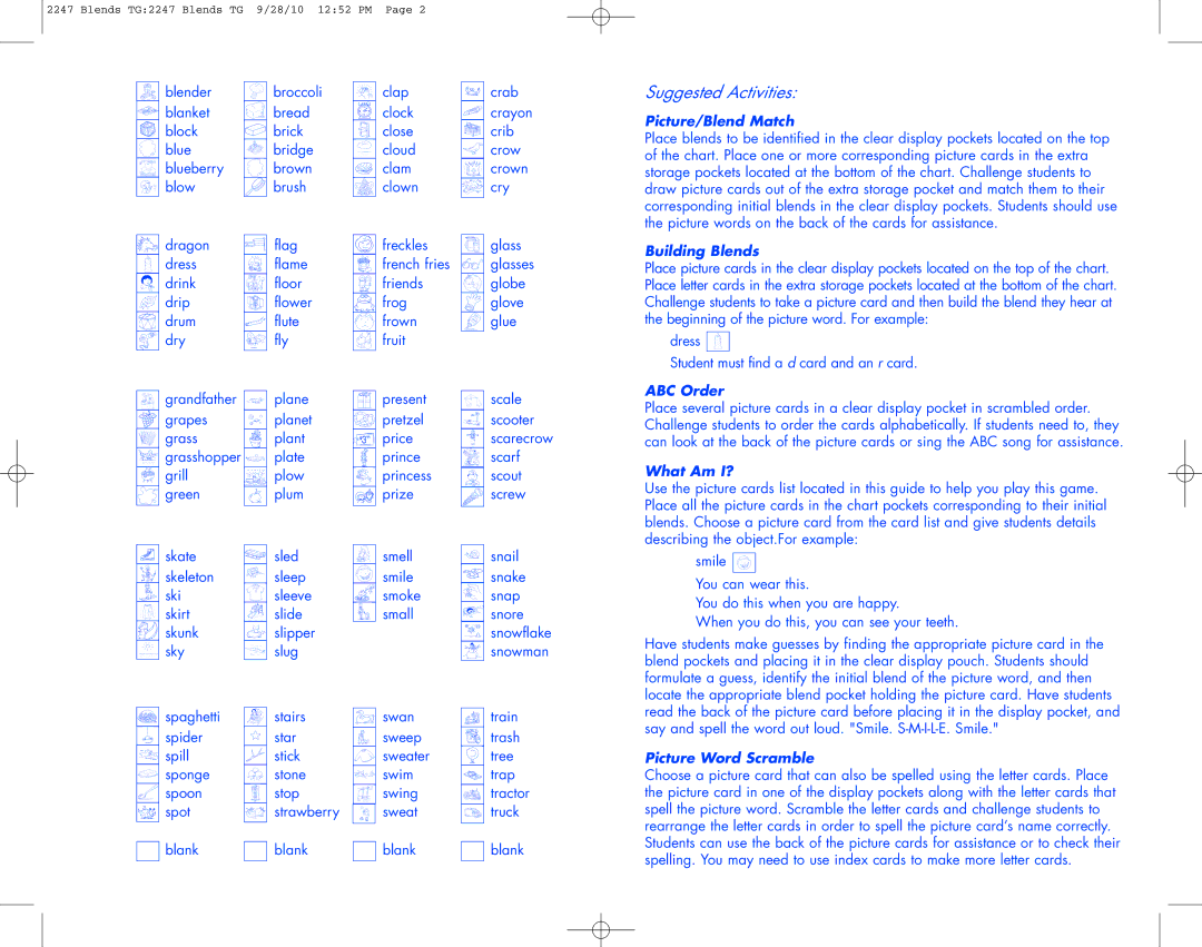 Learning Resources LER 2247 manual Picture/Blend Match, Building Blends, ABC Order, What Am I?, Picture Word Scramble 